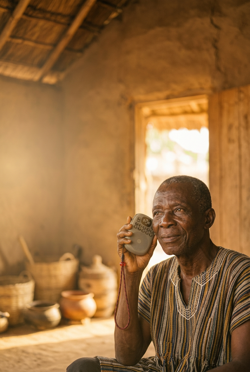 A village elder listening to Scripture on a Galet audio player held to his ear