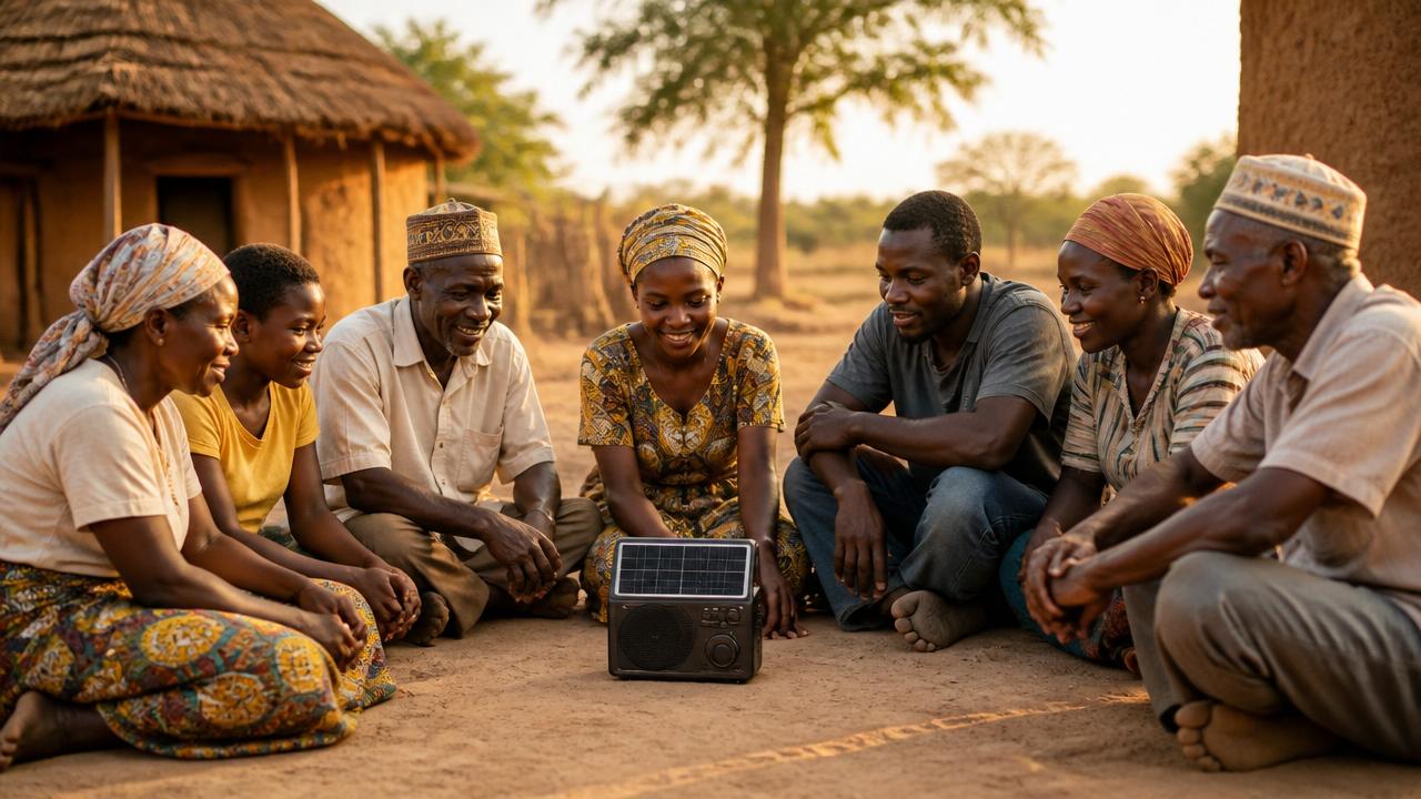 People listening to audio Scripture together in a village